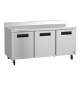 A commercial stainless steel worktop refrigerator with three doors, each featuring a black handle. This ENERGY STAR unit has four caster wheels and a raised back edge on the countertop, ideal for kitchen or restaurant use.