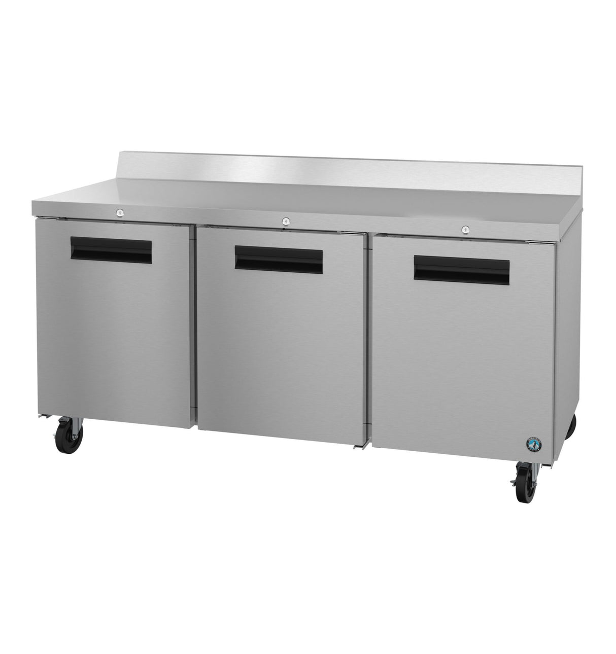 A commercial stainless steel worktop refrigerator with three doors, black handles, a raised backsplash, and four black caster wheels for mobility. The sleek surface and sturdy design make it ideal for professional kitchen use. ENERGY STAR certified for efficiency.