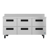 A 72 inch stainless steel worktop refrigerator with six pull-out drawers, black handles, a raised back edge, and four wheels for mobility. This minimalist, industrial design is ideal for restaurant or food service use.