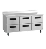 A sleek, modern 72 inch stainless steel commercial kitchen counter with six pull-out drawers, black handles, a raised backsplash, and four caster wheels for mobility—ideal as a worktop refrigerator in restaurant or industrial kitchens.