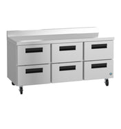 A sleek, modern 72 inch stainless steel commercial kitchen counter with six pull-out drawers, black handles, a raised backsplash, and four caster wheels for mobility—ideal as a worktop refrigerator in restaurant or industrial kitchens.