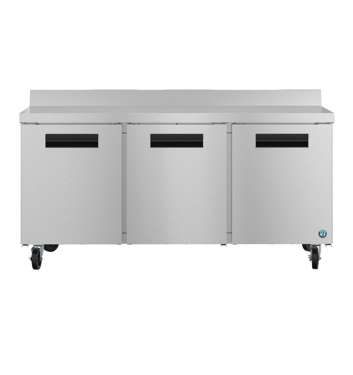 A sleek, industrial stainless steel worktop refrigerator with three doors and horizontal handle slots. Featuring a backsplash, four caster wheels for mobility, and a circular blue logo, this ENERGY STAR unit is perfect for professional kitchens.