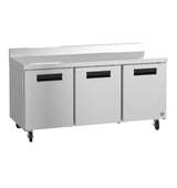 A large, ENERGY STAR stainless steel worktop refrigerator with three doors, black handles, and four caster wheels. It features a flat countertop with a raised back edge, ideal for use in professional kitchens or food prep areas.