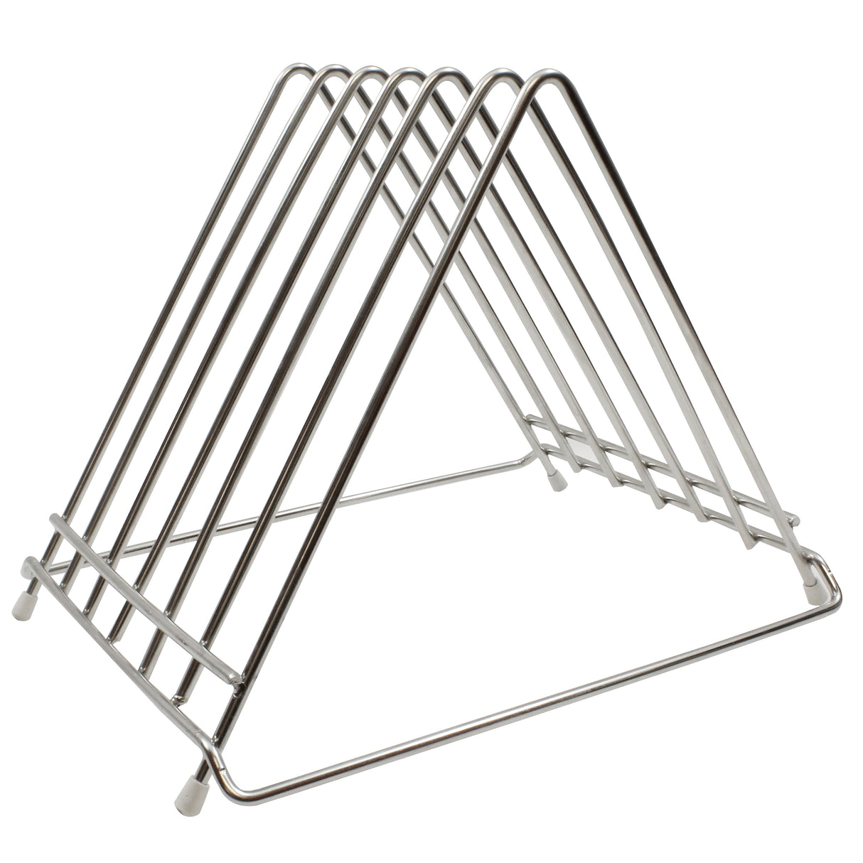 A stainless steel toast rack with a triangular shape, made of shiny silver bars, featuring six evenly spaced slots for holding slices of toast upright. The rack stands on four small feet for stability and is also dishwasher safe.