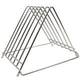 A stainless steel toast rack with a triangular shape, made of shiny silver bars, featuring six evenly spaced slots for holding slices of toast upright. The rack stands on four small feet for stability and is also dishwasher safe.