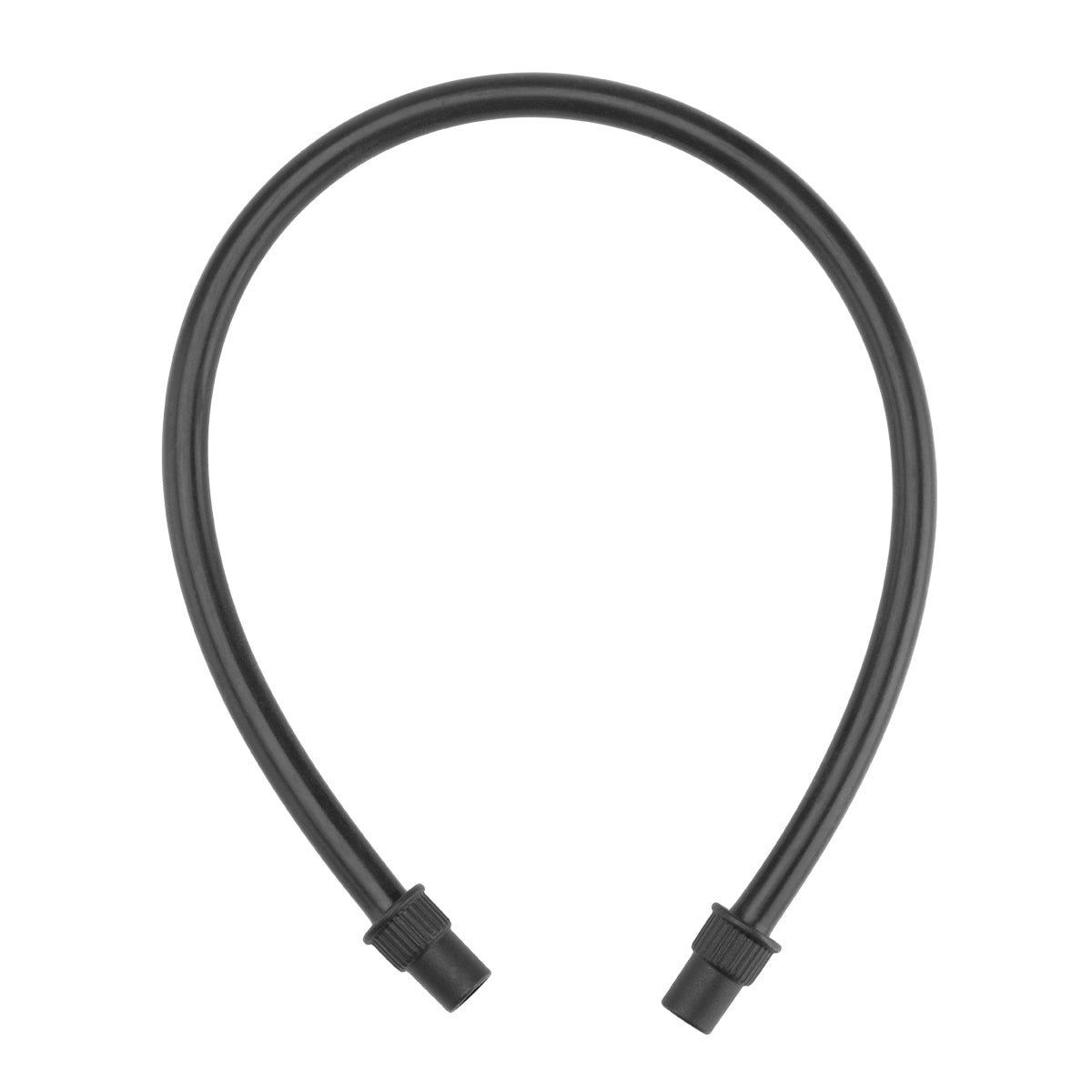 A flexible black rubber drain hose, model WSV16, is shown in a U-shape with ribbed connectors on both ends. Designed for circulating water baths, the smooth-surfaced hose allows easy attachment for reliable fluid or air transfer.