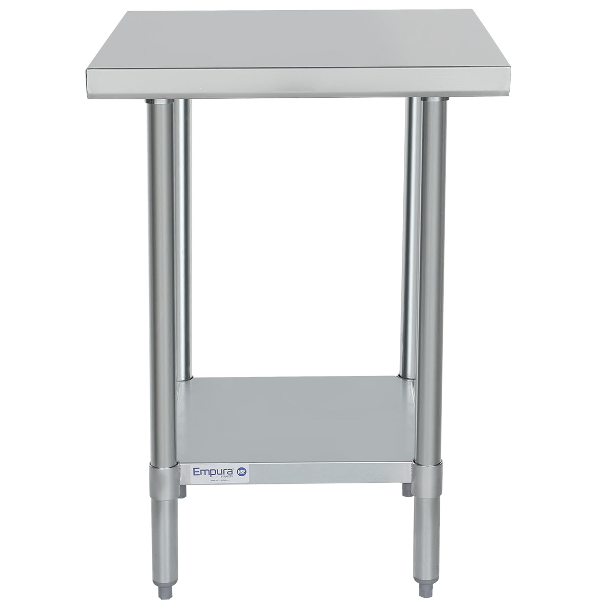 A NSF stainless steel work table featuring a smooth rectangular top, four cylindrical legs, and an undershelf for extra storage. Adjustable feet and a small blue Empura logo add convenience and style to the front of the undershelf.