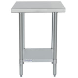 A NSF stainless steel work table featuring a smooth rectangular top, four cylindrical legs, and an undershelf for extra storage. Adjustable feet and a small blue Empura logo add convenience and style to the front of the undershelf.