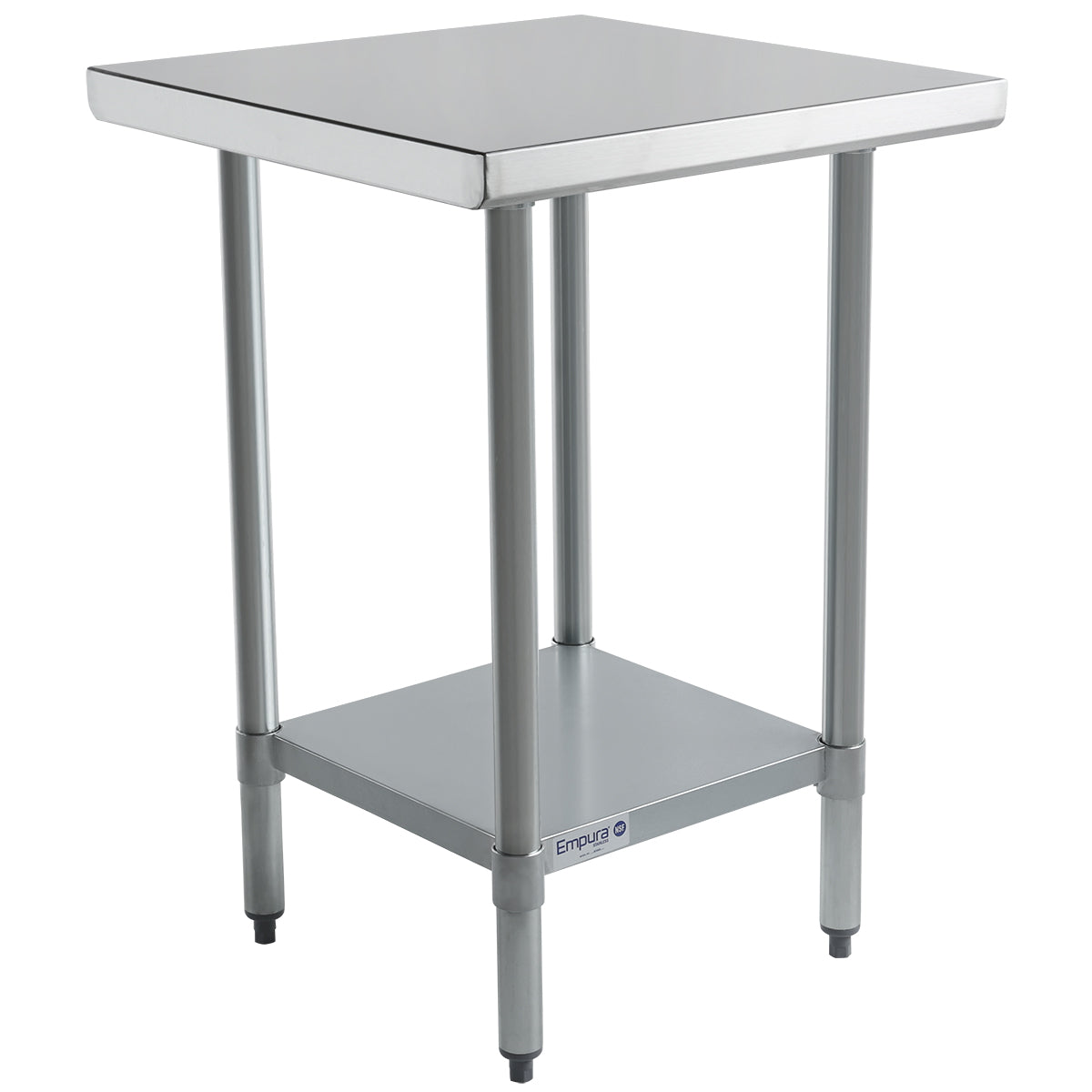 A stainless steel work table with four legs, a smooth square top, and a lower shelf for storage. The NSF-certified table features adjustable feet and an industrial design, making it ideal for kitchens or workspaces. The surface is clean and reflective.