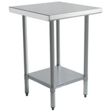 A stainless steel work table with four legs, a smooth square top, and a lower shelf for storage. The NSF-certified table features adjustable feet and an industrial design, making it ideal for kitchens or workspaces. The surface is clean and reflective.
