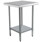 A stainless steel work table with a square top, four cylindrical legs, and a lower shelf. NSF certified for safety and hygiene, it features an industrial look, adjustable feet, and durable design—perfect for kitchens or workspaces. The background is plain white.