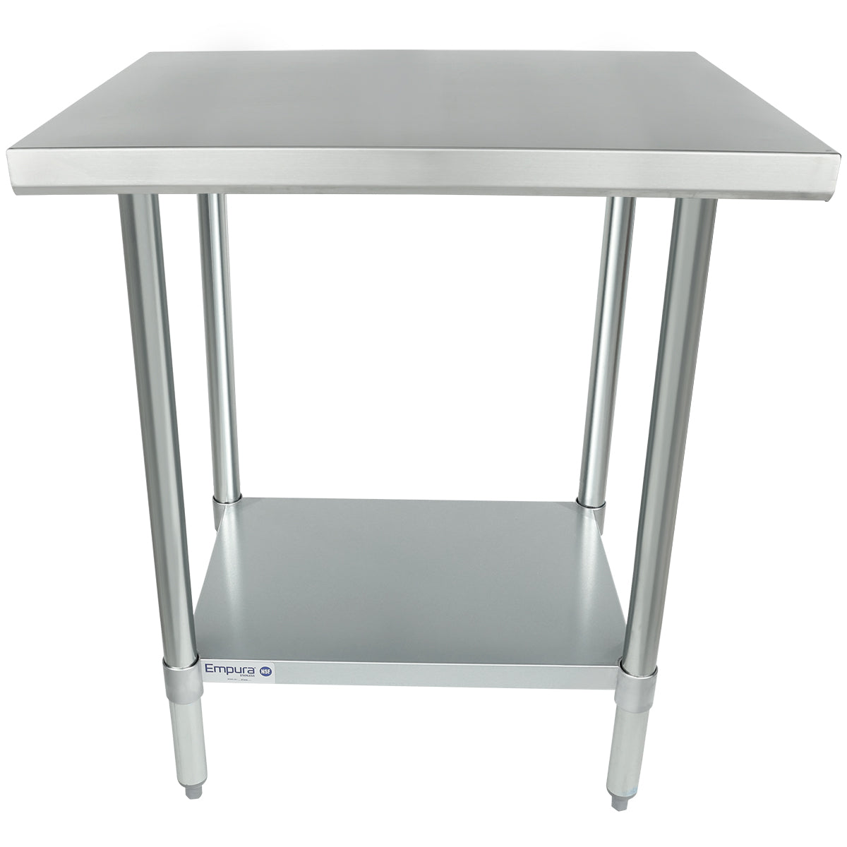 A stainless steel work table with four cylindrical legs and an undershelf. The tabletop is smooth and rectangular, offering extra storage space below. This simple, utilitarian NSF work table is ideal for commercial kitchens or busy workspaces.