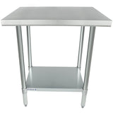 A stainless steel work table with four cylindrical legs and an undershelf. The tabletop is smooth and rectangular, offering extra storage space below. This simple, utilitarian NSF work table is ideal for commercial kitchens or busy workspaces.
