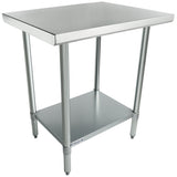 A stainless steel work table with four cylindrical legs, a smooth rectangular top, and a lower shelf for storage. This NSF work table features an industrial design ideal for kitchens or workspaces, with metallic and reflective surfaces and shelf.