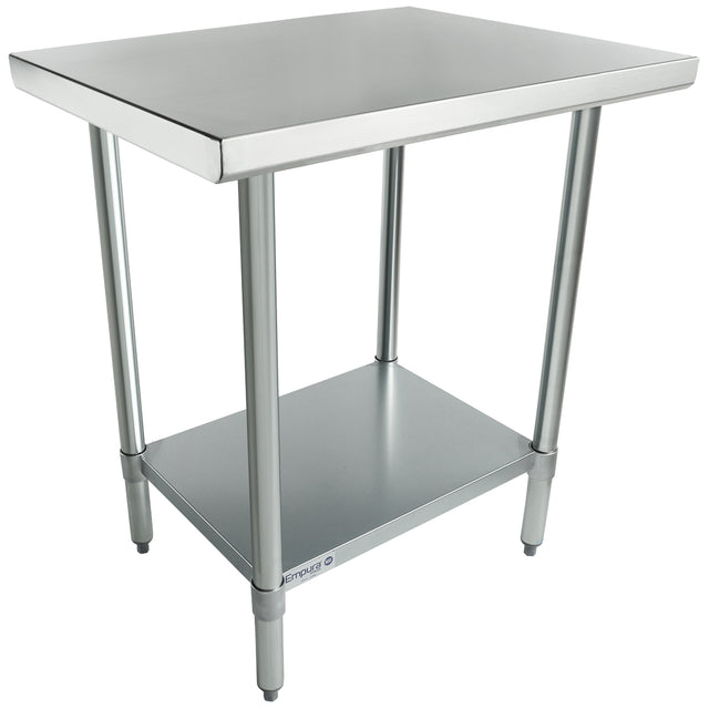 A stainless steel work table with four cylindrical legs, a smooth rectangular top, and a lower shelf for storage. This NSF work table features an industrial design ideal for kitchens or workspaces, with metallic and reflective surfaces and shelf.