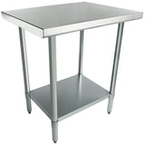 A stainless steel work table with four cylindrical legs, a smooth flat top, and a lower shelf for storage. The table features adjustable feet and a minimalist, industrial design, making it ideal as an NSF work table in kitchens or workspaces.