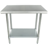 A stainless steel NSF work table with a smooth rectangular top, four cylindrical legs, and an undershelf for storage. The table has a minimalist, industrial design and is set against a plain white background.