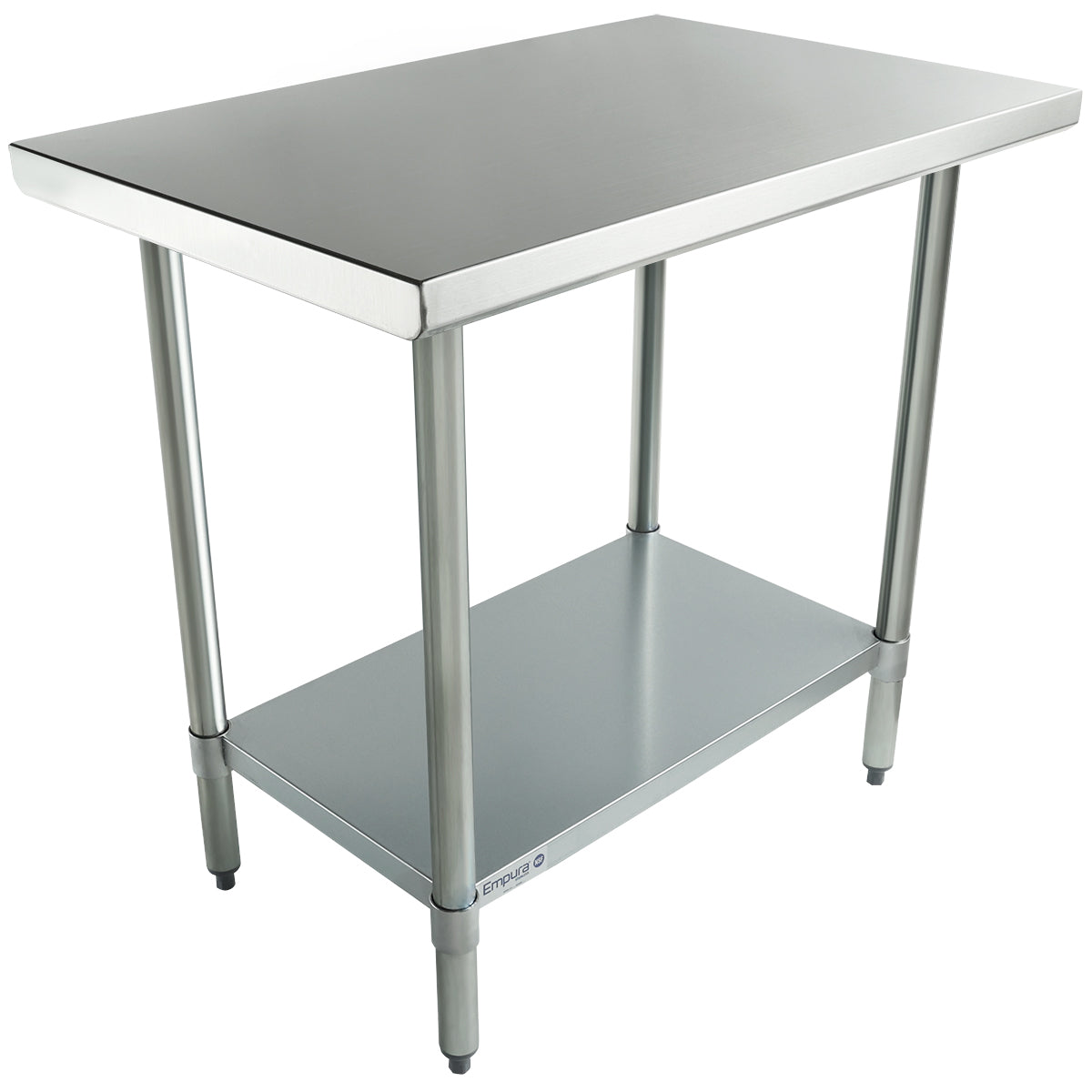 A rectangular stainless steel work table with four cylindrical legs and an extra lower shelf for storage. Both the tabletop and shelf have smooth, reflective surfaces. NSF certified, it stands on adjustable black feet and has a simple, industrial design.