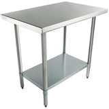 A rectangular stainless steel work table with four cylindrical legs and an extra lower shelf for storage. Both the tabletop and shelf have smooth, reflective surfaces. NSF certified, it stands on adjustable black feet and has a simple, industrial design.