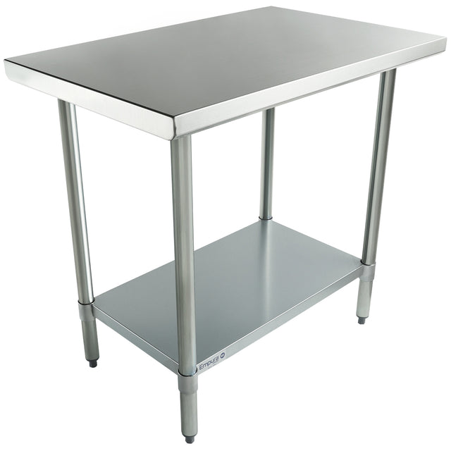 A rectangular stainless steel work table with four cylindrical legs and an extra lower shelf for storage. Both the tabletop and shelf have smooth, reflective surfaces. NSF certified, it stands on adjustable black feet and has a simple, industrial design.