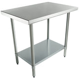 This NSF stainless steel work table features a flat rectangular top, four cylindrical legs, and an undershelf for extra storage. Its simple, industrial design is perfect for kitchens or workspaces and includes adjustable feet for stability.