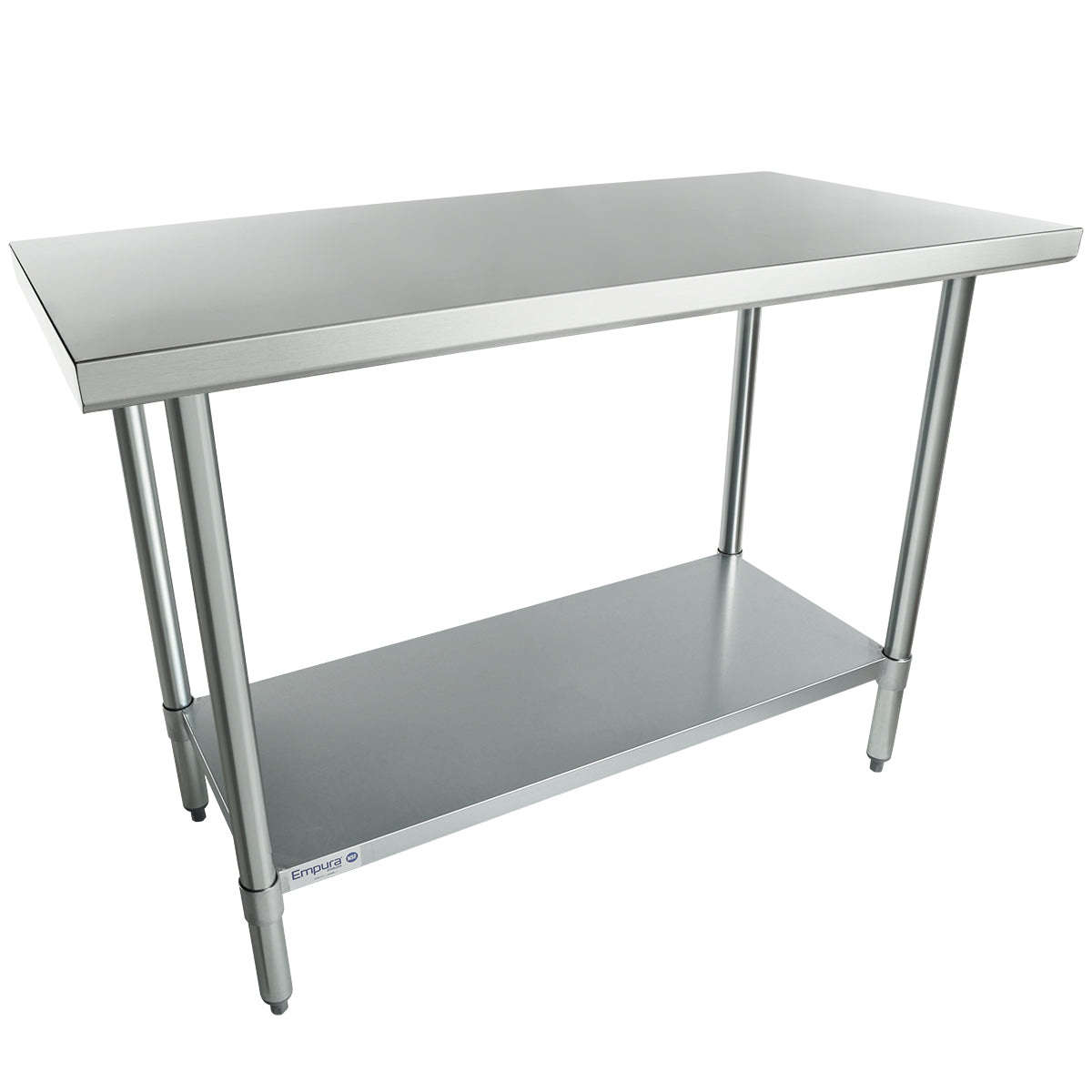 A stainless steel work table with four cylindrical legs, a smooth rectangular top, and a solid lower shelf for extra storage. NSF certified, it features adjustable feet for stability and is ideal for commercial or kitchen use against a plain white background.