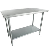 A stainless steel work table with four cylindrical legs, a smooth rectangular top, and a solid lower shelf for extra storage. NSF certified, it features adjustable feet for stability and is ideal for commercial or kitchen use against a plain white background.