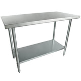 A stainless steel NSF work table with a flat top, four cylindrical legs, and a lower shelf for extra storage. It has a clean, industrial look, suitable for kitchens or workshops. The background is plain white.