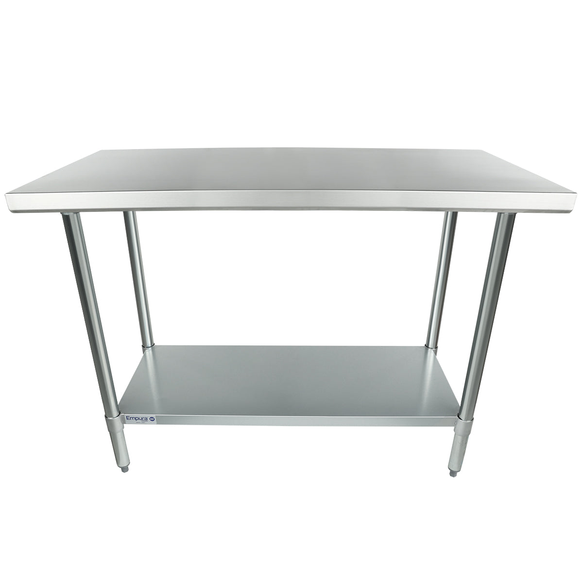 A stainless steel work table with four legs, NSF certified for safety. The flat, smooth tabletop and undershelf offer extra storage in a minimalist industrial design, perfect for kitchens or workspaces.