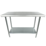 A stainless steel work table with four legs, NSF certified for safety. The flat, smooth tabletop and undershelf offer extra storage in a minimalist industrial design, perfect for kitchens or workspaces.