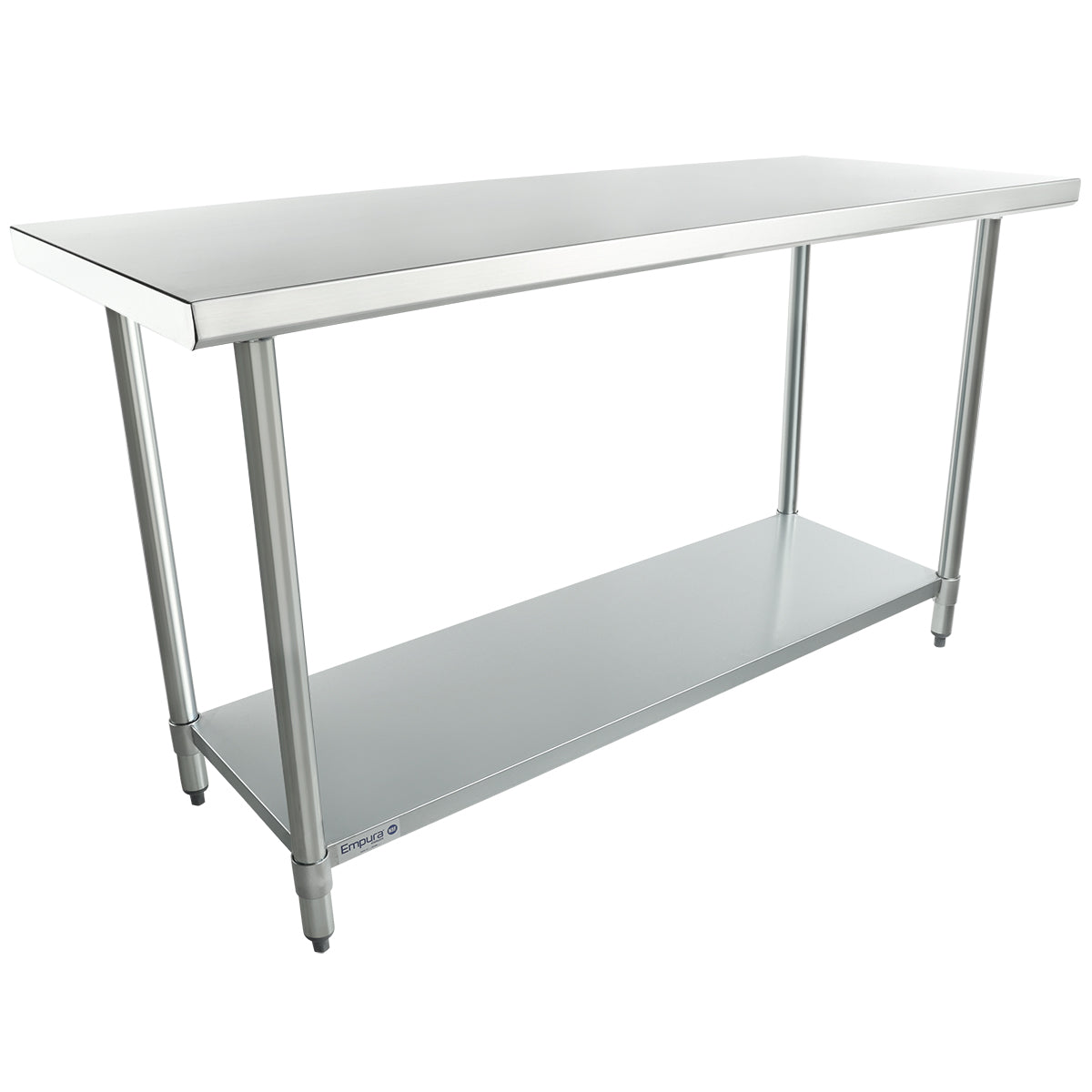 A 60 inch stainless steel work table with four cylindrical legs and an undershelf for extra storage. The tabletop features a smooth, flat surface with slightly raised edges, perfect for an industrial, commercial kitchen style.