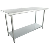 A 60 inch stainless steel work table with four cylindrical legs and an undershelf for extra storage. The tabletop features a smooth, flat surface with slightly raised edges, perfect for an industrial, commercial kitchen style.