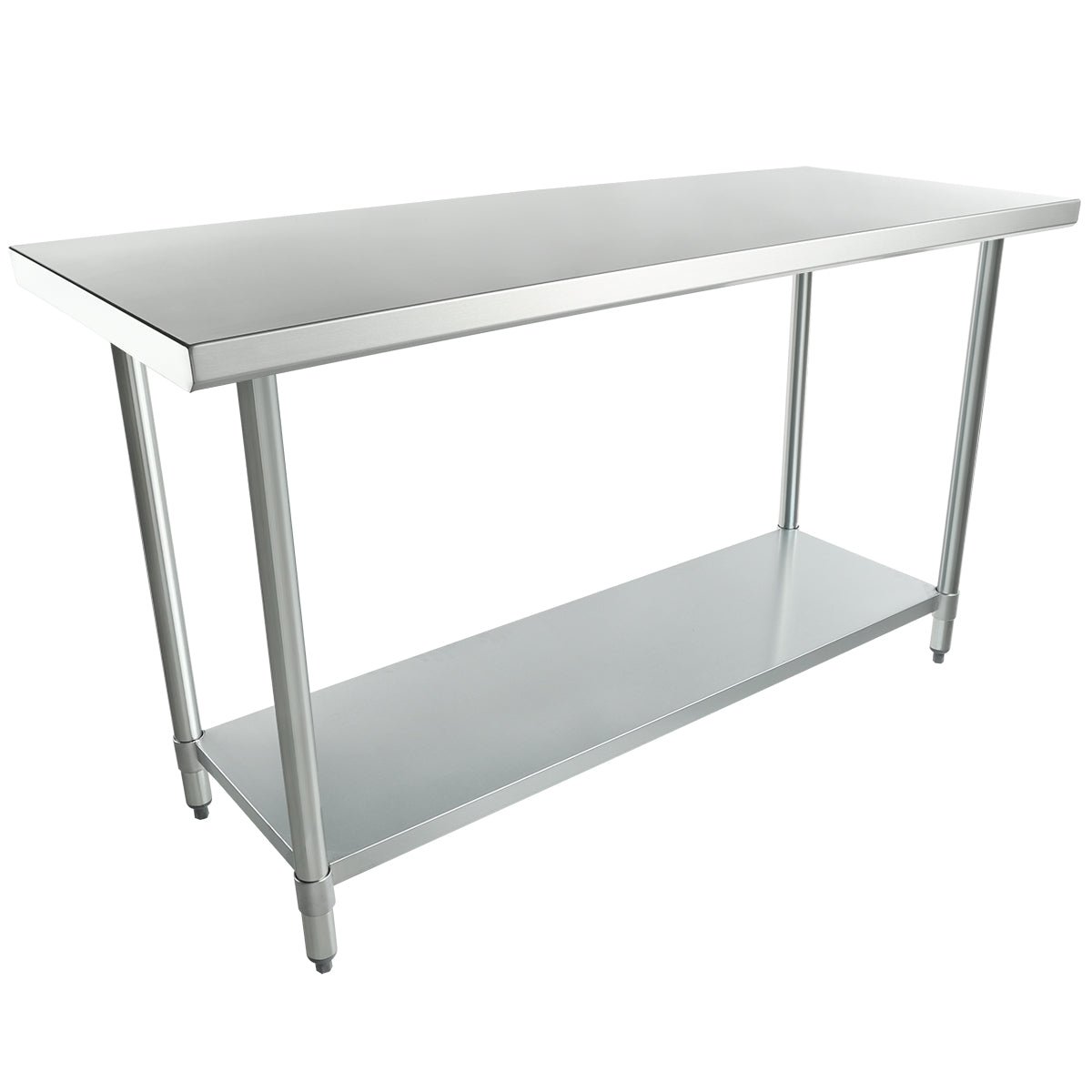 A 60 inch stainless steel work table with a flat rectangular top, four legs, and an open lower shelf. This industrial design is ideal for kitchens or workshops and features adjustable feet for added stability.