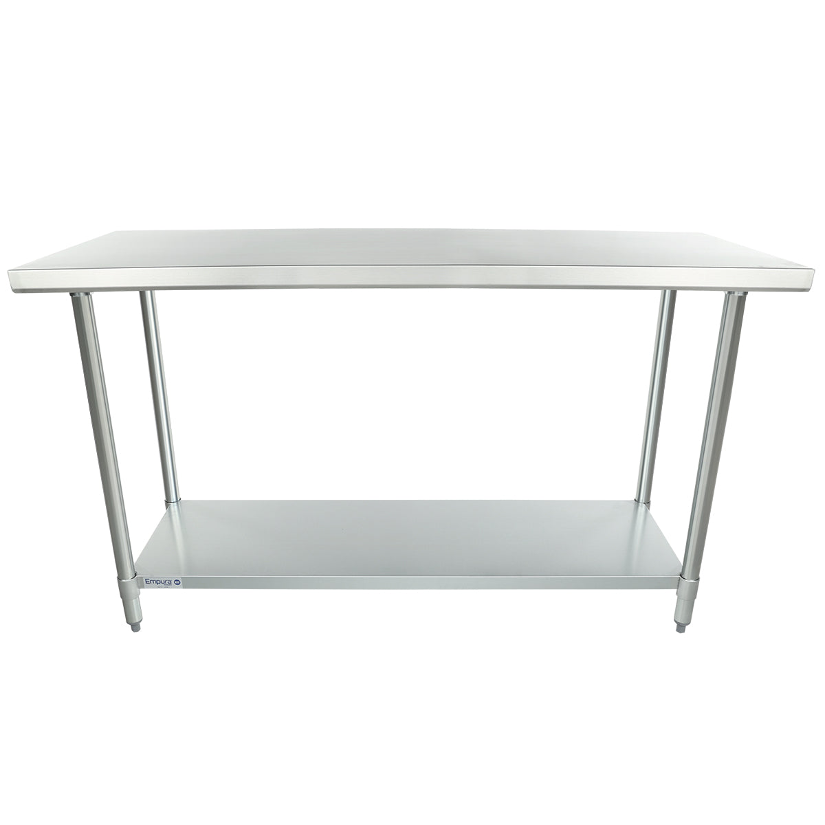 A 60 inch stainless steel work table with four straight legs and an undershelf. The rectangular tabletop has smooth edges, while the sturdy shelf below offers extra storage space—perfect for commercial kitchens.