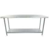 A stainless steel work table with a flat top, four cylindrical legs, and an undershelf for extra storage. The simple, industrial design is NSF certified, making it ideal for kitchens or workspaces. Small adjustable feet ensure stability.