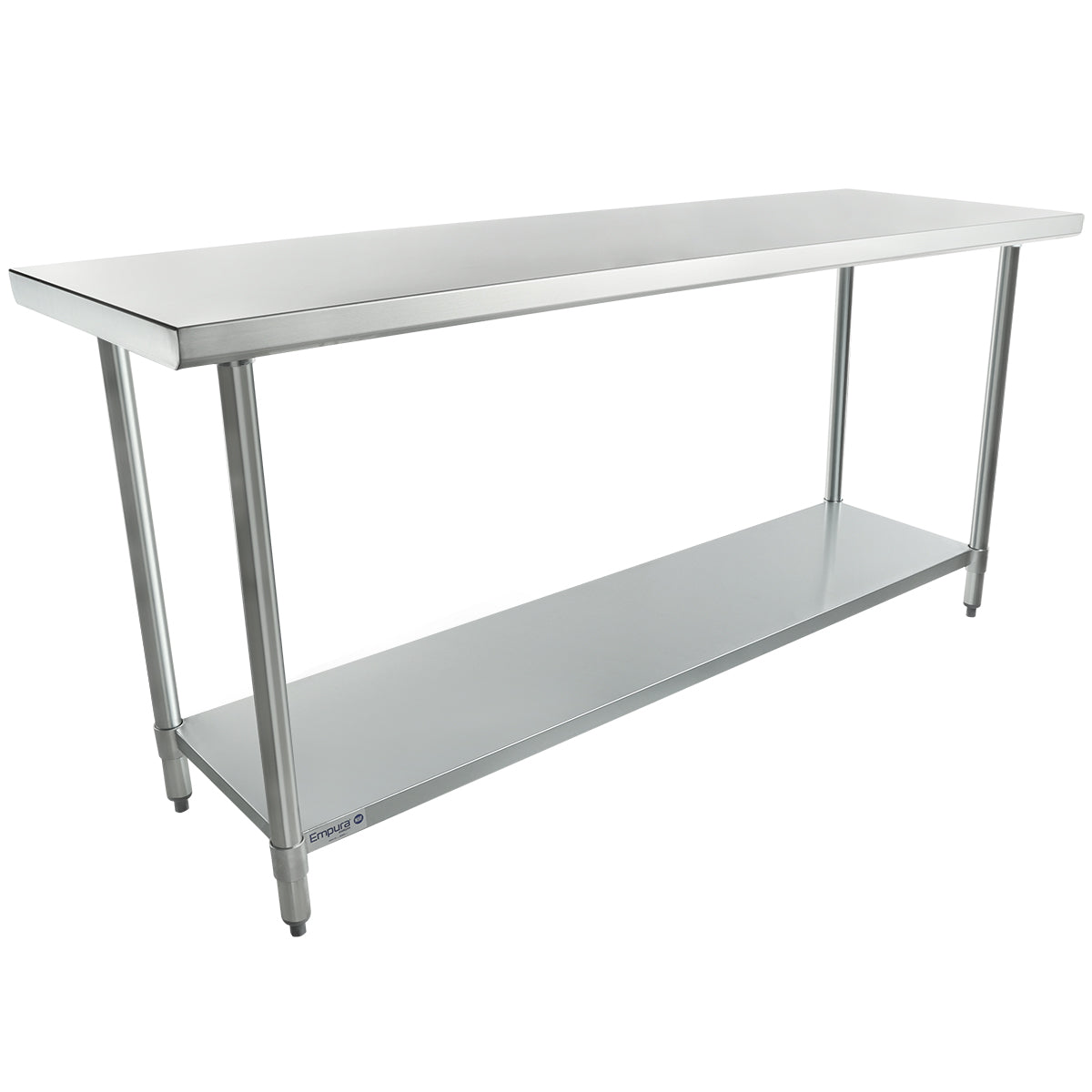 An NSF stainless steel work table with a flat top, four cylindrical legs, and a lower open shelf. Its industrial, minimalist design is showcased against a plain white background.