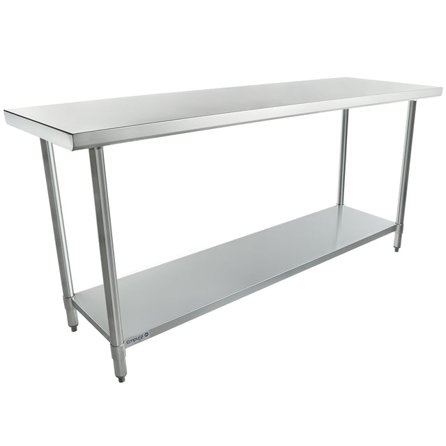 An NSF stainless steel work table with a flat top, four cylindrical legs, and a lower open shelf. Its industrial, minimalist design is showcased against a plain white background.