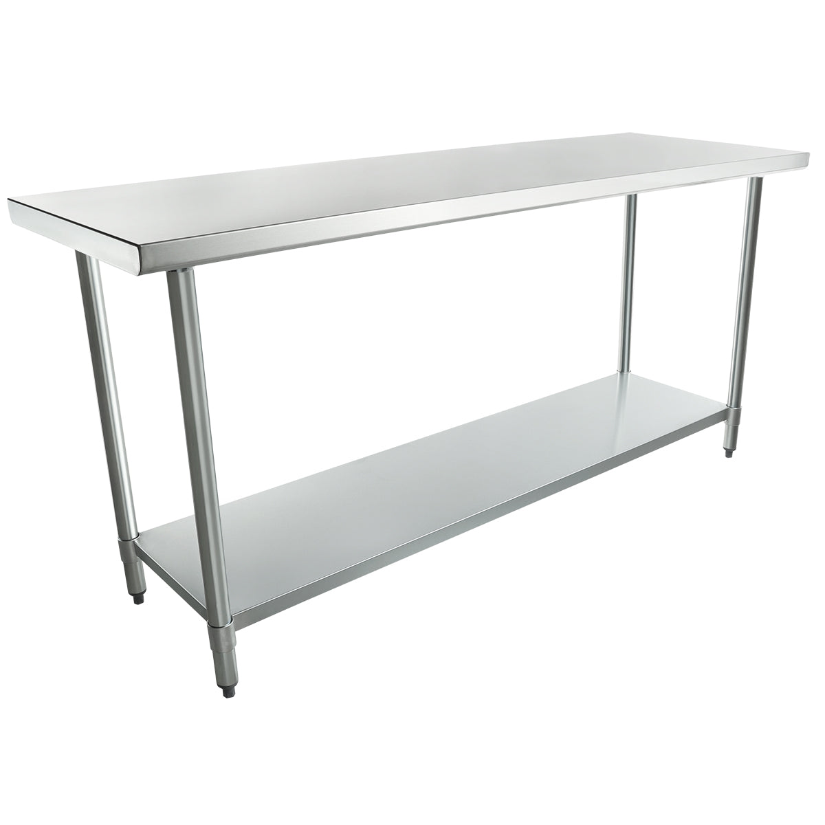 An NSF stainless steel work table with four legs, a smooth rectangular top, and an open lower shelf for storage. Features a minimalist industrial design and adjustable feet, perfect for kitchens or commercial use.