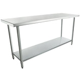 An NSF stainless steel work table with four legs, a smooth rectangular top, and an open lower shelf for storage. Features a minimalist industrial design and adjustable feet, perfect for kitchens or commercial use.