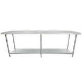 A large NSF stainless steel work table with a flat top, four legs, and an open lower shelf for storage. Its simple, industrial design is ideal for kitchens, labs, or workshops.