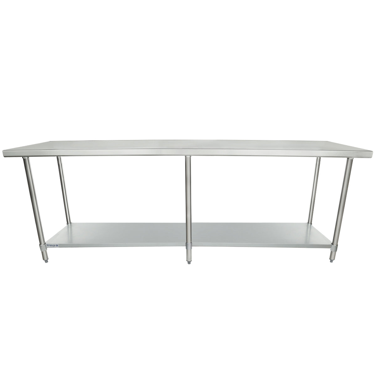A large 96 inch stainless steel work table with an undershelf and four sturdy legs. The flat, rectangular surface and open design make it ideal for industrial or kitchen use, while the undershelf offers extra storage space below the tabletop.