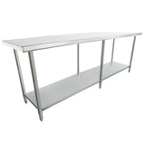 A 96 inch, rectangular stainless steel work table with four legs and a lower shelf for storage. The smooth, flat surface and industrial, minimalist design make it ideal for kitchens or workspaces.