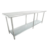 A long NSF stainless steel work table with a flat top surface and an undershelf, supported by six legs with adjustable feet, photographed on a plain white background.