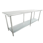A 96 inch, rectangular stainless steel work table with four legs and a lower shelf for storage. The smooth top surface and industrial design make it ideal for commercial kitchens or workshops. The background is plain white.