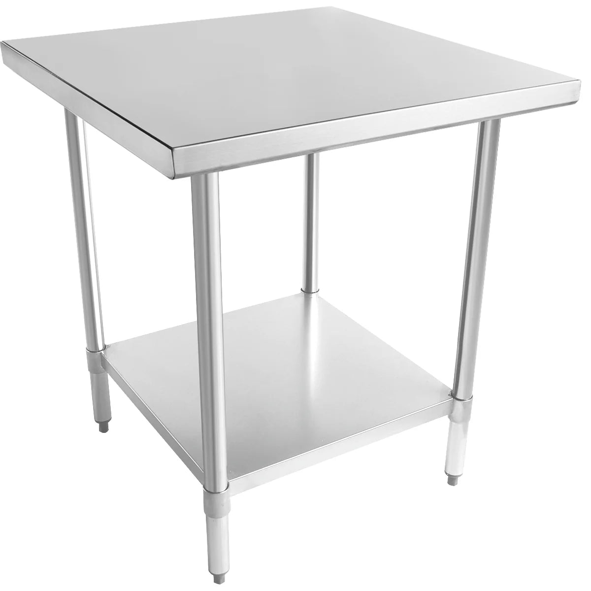 A square NSF stainless steel work table with four cylindrical legs, a flat top, and a lower shelf for storage. Its simple, industrial design and metallic silver look make it perfect for kitchens or workspaces.