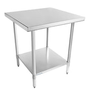 A stainless steel work table with four cylindrical legs, a shiny 30x30 square top, and an extra lower shelf for storage. The simple, industrial design is ideal for kitchens or labs, and the surface is highly reflective.