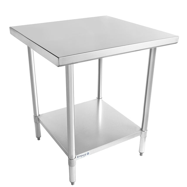 A stainless steel work table with four cylindrical legs, a shiny 30x30 square top, and an extra lower shelf for storage. The simple, industrial design is ideal for kitchens or labs, and the surface is highly reflective.