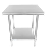 A sturdy Empura stainless steel work table featuring a smooth 30x30 flat rectangular top, four cylindrical legs, and a lower storage shelf. Its metallic finish makes it ideal for kitchens or industrial settings.