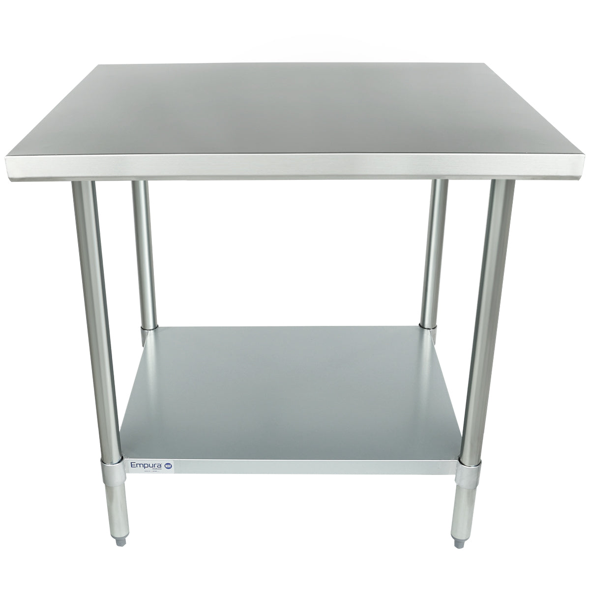 A stainless steel work table with four cylindrical legs and an undershelf for extra storage. NSF certified, it features a smooth, flat top and is ideal for kitchens or workspaces. The Empura logo is visible on the front of the undershelf.