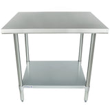 A stainless steel work table with four cylindrical legs and an undershelf for extra storage. NSF certified, it features a smooth, flat top and is ideal for kitchens or workspaces. The Empura logo is visible on the front of the undershelf.